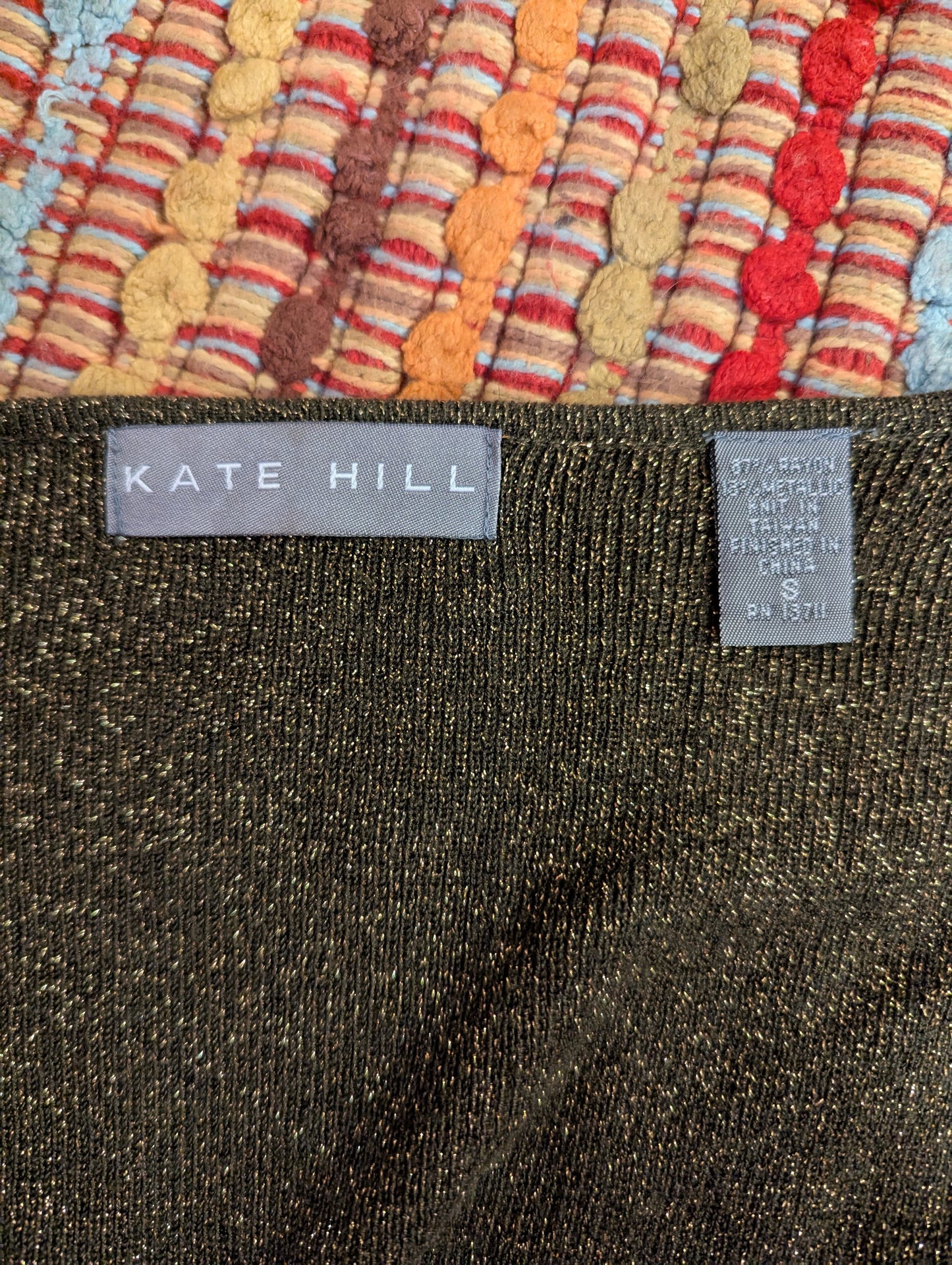 Kate Hill Classy Knit Sweater Cardigan, Rare Shade of Pine Green w/ Gold Metallic Thread Accents