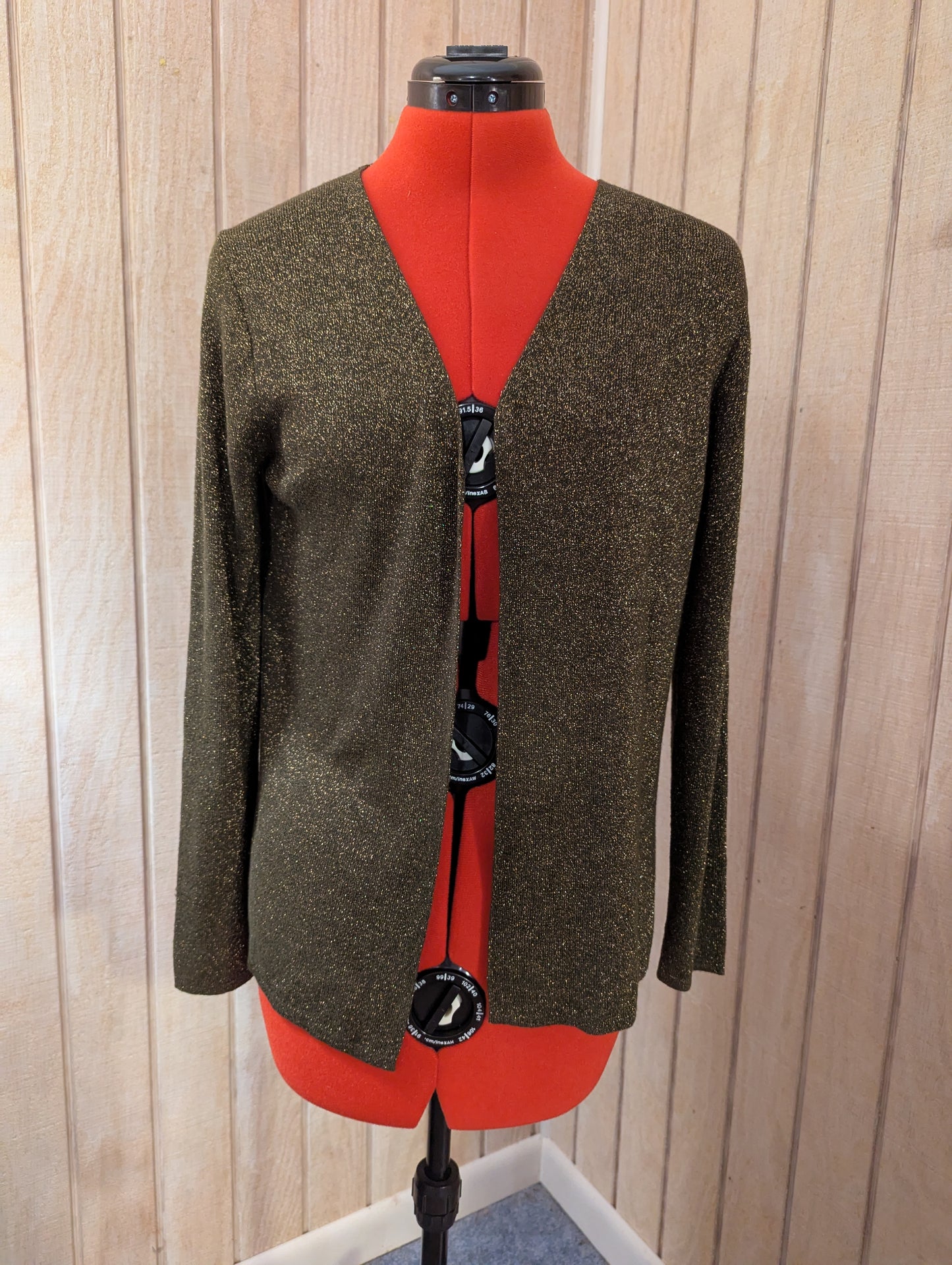 Kate Hill Classy Knit Sweater Cardigan, Rare Shade of Pine Green w/ Gold Metallic Thread Accents
