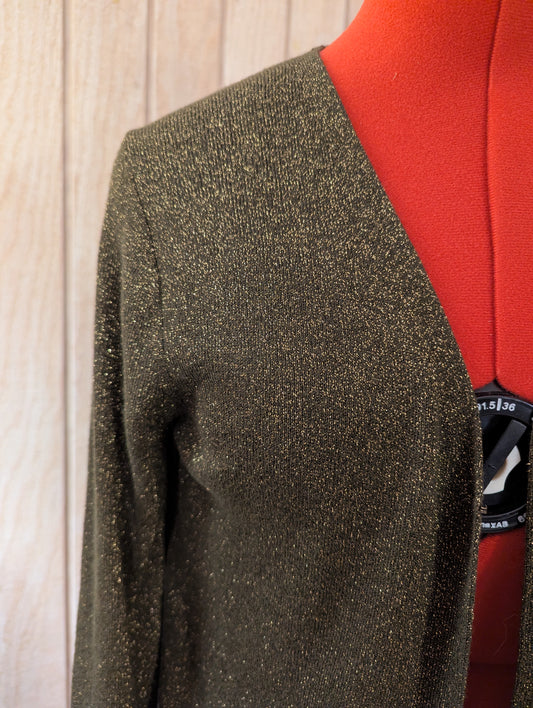 Kate Hill Classy Knit Sweater Cardigan, Rare Shade of Pine Green w/ Gold Metallic Thread Accents