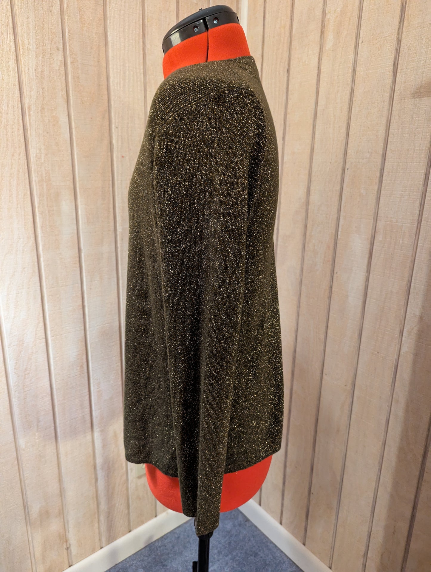 Kate Hill Classy Knit Sweater Cardigan, Rare Shade of Pine Green w/ Gold Metallic Thread Accents