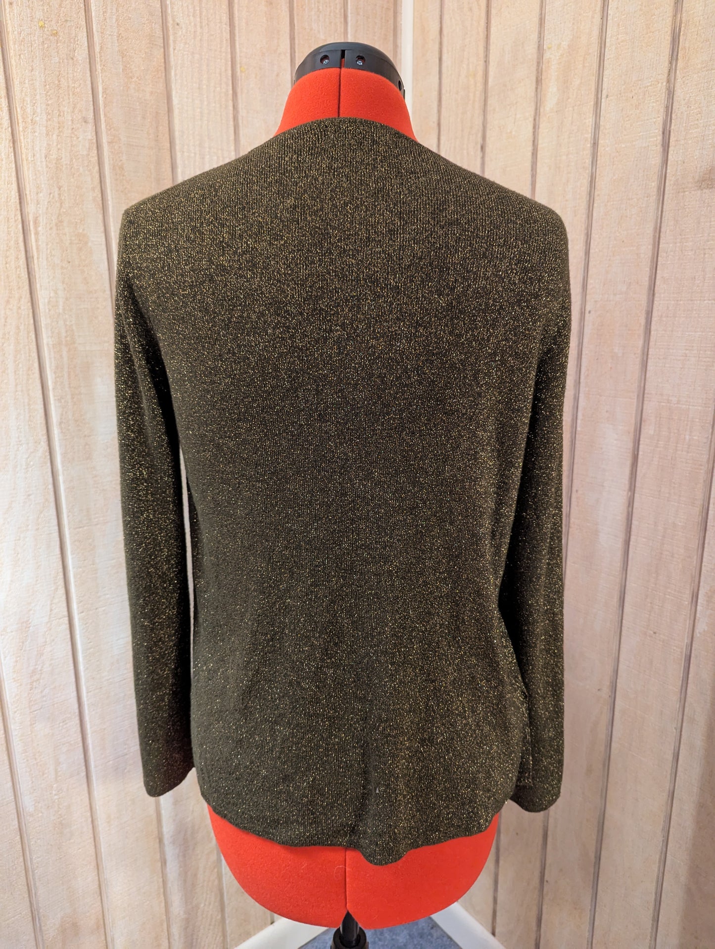 Kate Hill Classy Knit Sweater Cardigan, Rare Shade of Pine Green w/ Gold Metallic Thread Accents