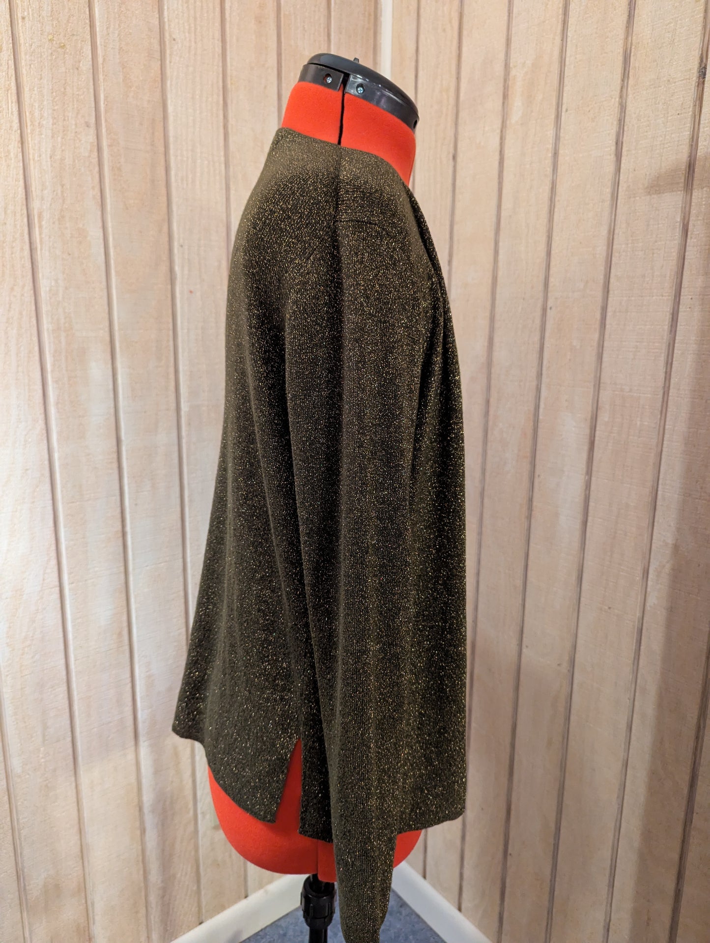 Kate Hill Classy Knit Sweater Cardigan, Rare Shade of Pine Green w/ Gold Metallic Thread Accents